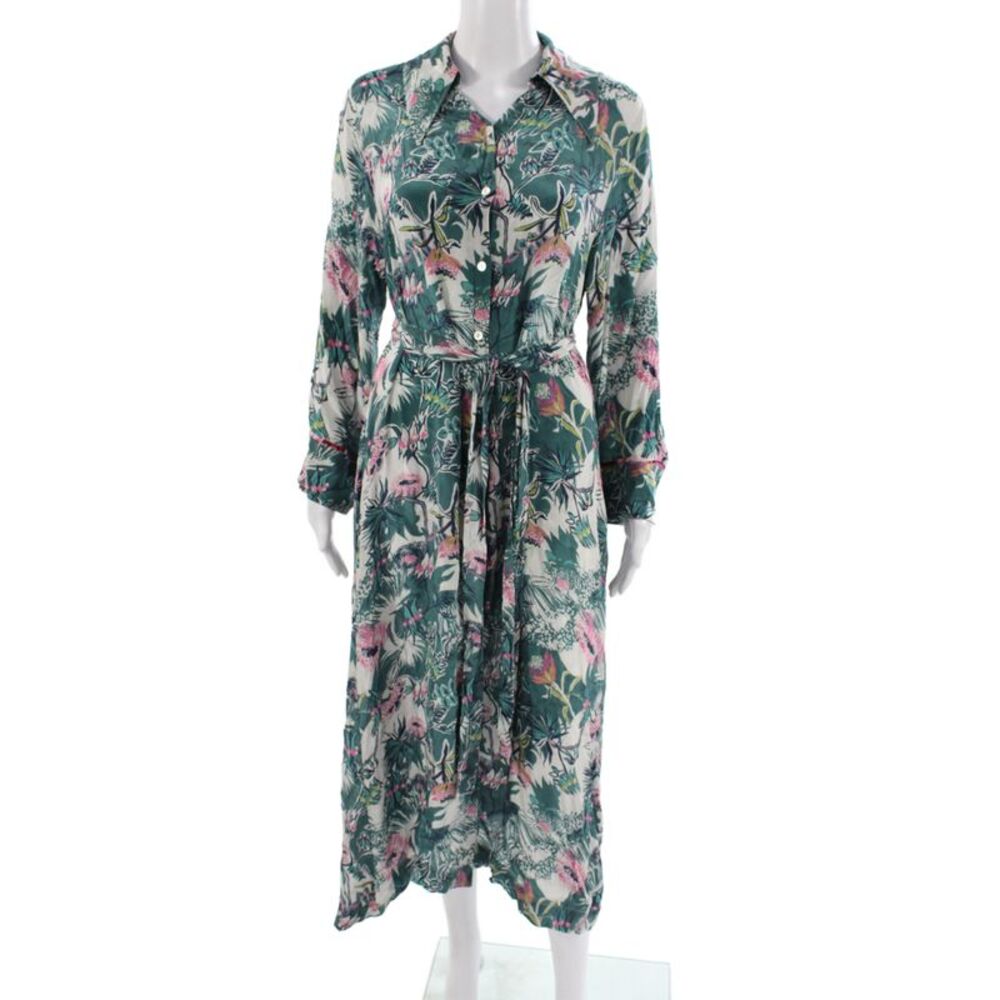 Chufy Womens Maxi Dress Green Floral 100% Viscose Collared Long Sleeve Size XS